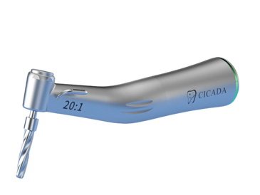 Silver dental drill with a 20:1 gear ratio and CICADA branding.