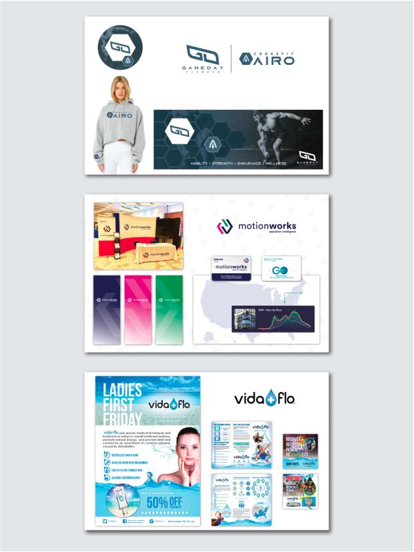 Three different branding designs for fitness and health companies.