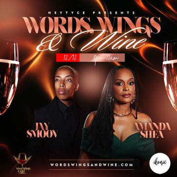 Promotional poster for Words Wings &amp; Wine event featuring Jay Smoov and Miranda Shea.