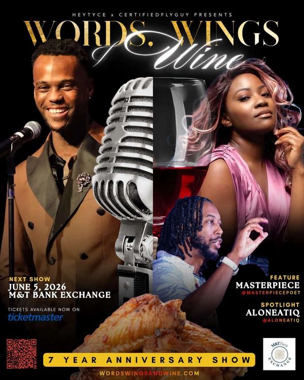 Promotional poster for Words Wings Wine 7th anniversary show with music, poetry, and food.