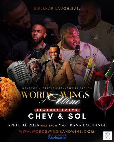 Promotional poster for Words, Wings &amp; Wine poetry event featuring poets Chev &amp; Sol.