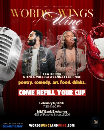 Event poster for Words Wings &amp; Wine featuring poetry, comedy, art, food, and drinks.