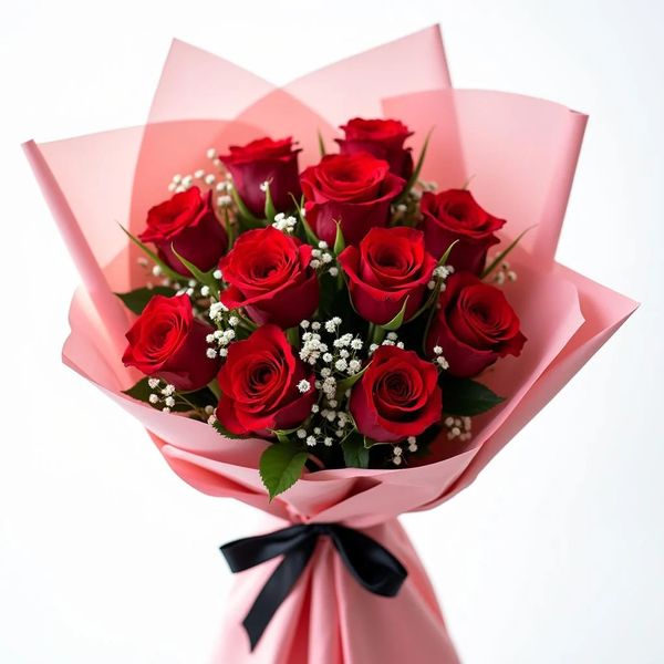 Bouquet of red roses wrapped in pink paper with a black ribbon.