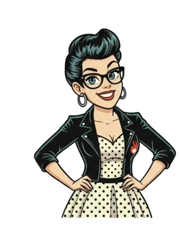 Stylish cartoon woman with glasses and a polka dot dress.