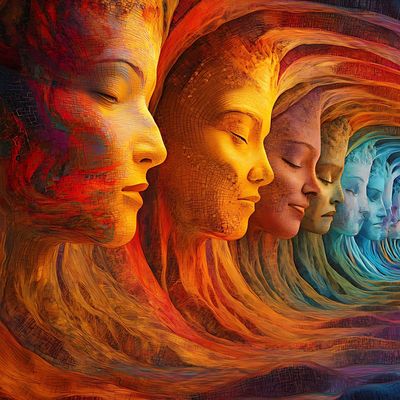 A vibrant tunnel of colorful, serene faces blending into each other in a spiral.