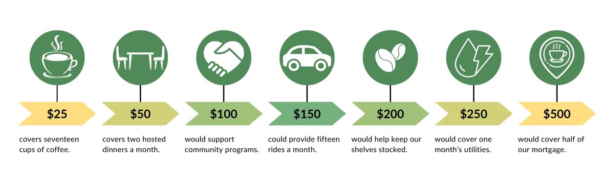 Donation impact scale for $25 to $500 amounts.