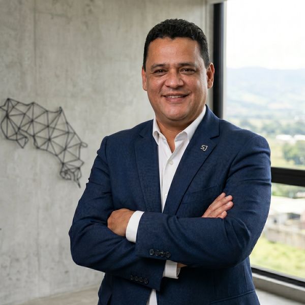 Man in a blue suit smiling with arms crossed in a modern office.