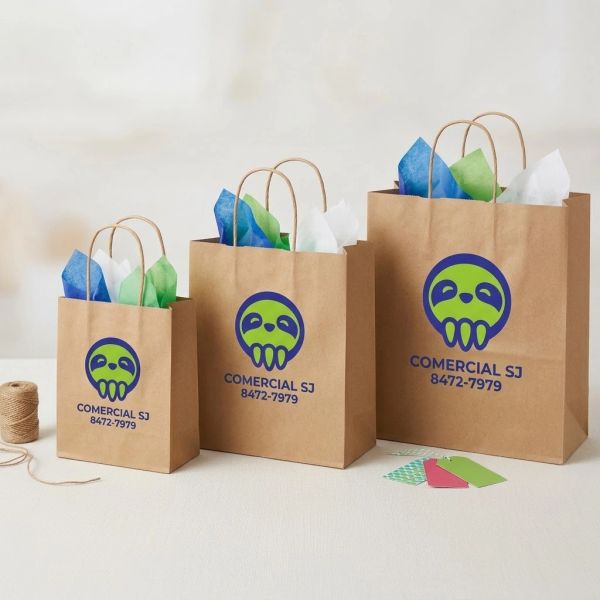 Bolsas de papel kraft con logo de Comercial SJ y número de contacto para distribución mayorista en C