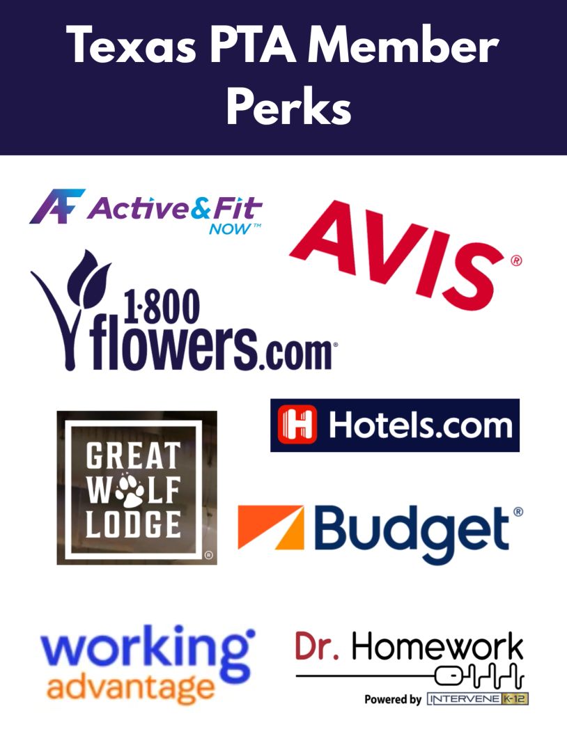 Texas PTA member perks logos from various brands.