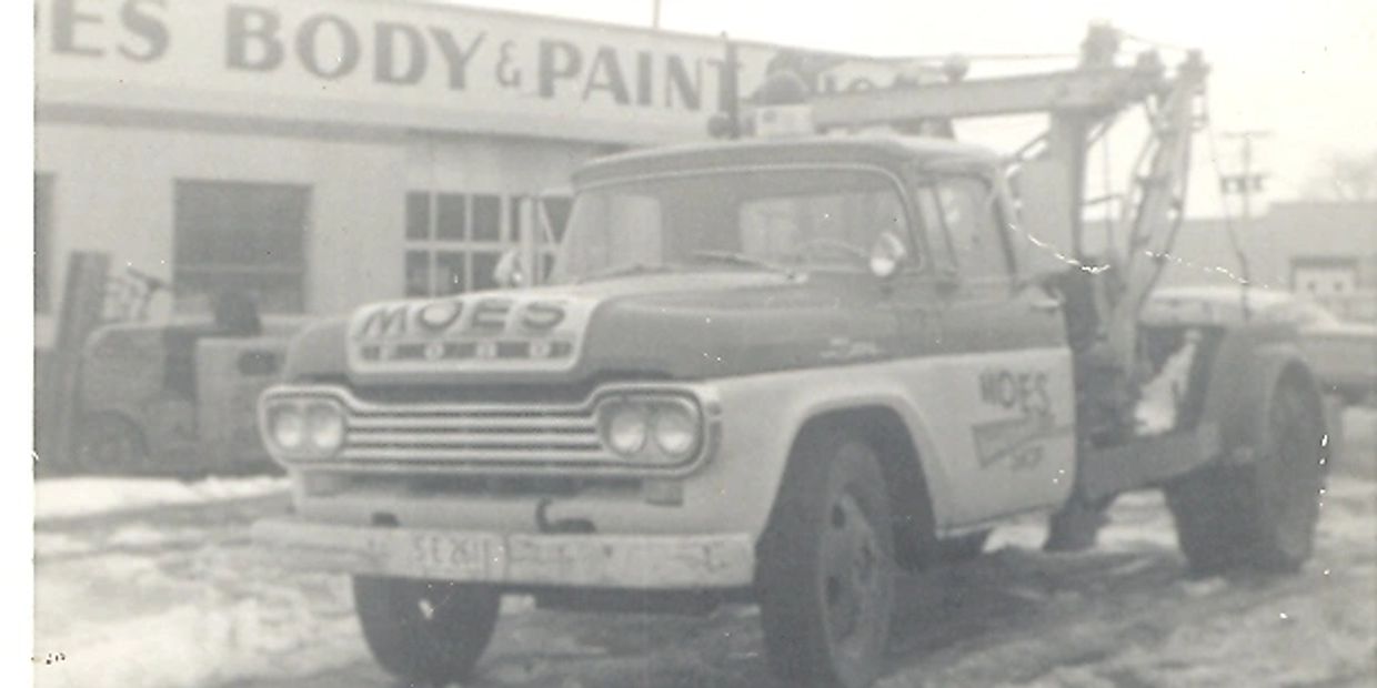 Old tow truck used by Moes Body Shop