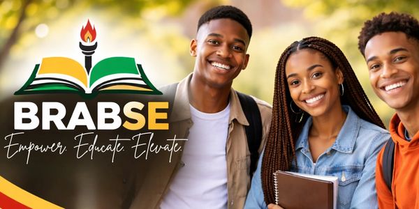 Three smiling students with BRABSE logo and slogan promoting education.