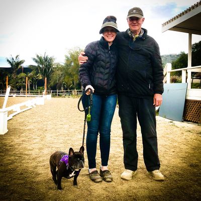 Amber Smigel with world renowned  dressage Clinician Conrad Schumacher and her French bulldog Mocha