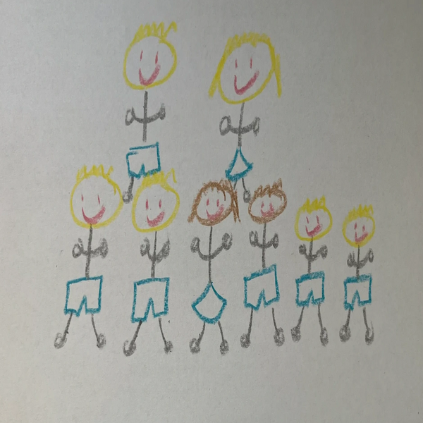 Crayon drawing of teachers and their kids