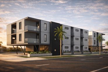 Modern three-story apartment building with balconies 