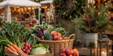 Fresh vegetables and apples displayed in baskets at a market stall.