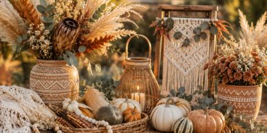 Cozy autumn decor with pumpkins and dried flowers.