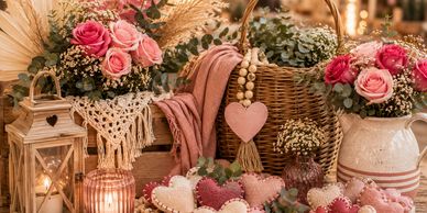 Romantic rustic decor with flowers and heart-shaped ornaments.