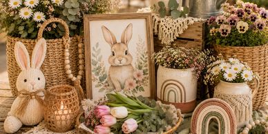 Cozy rustic Easter decor with bunnies and flowers.