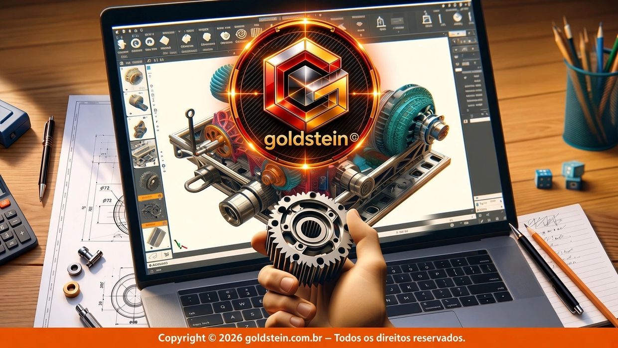 Mão segurando engrenagem diante de uma tela de laptop com projeto 3D de engrenagem.