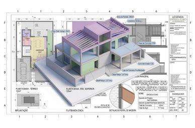 Maquete 3D e planta baixa de um projeto arquitetônico BIM.