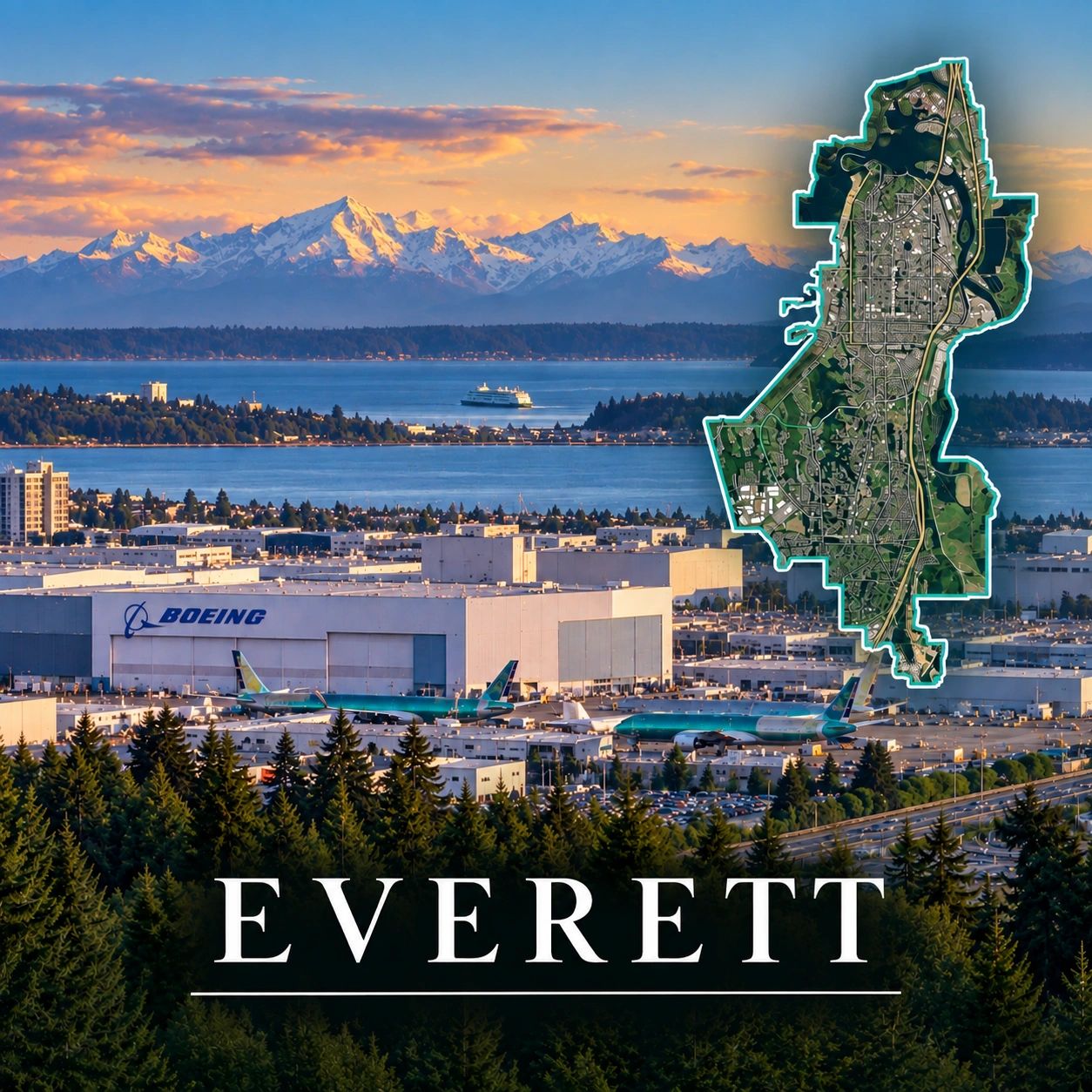 Aerial view of Boeing factory in Everett with mountains in the background.