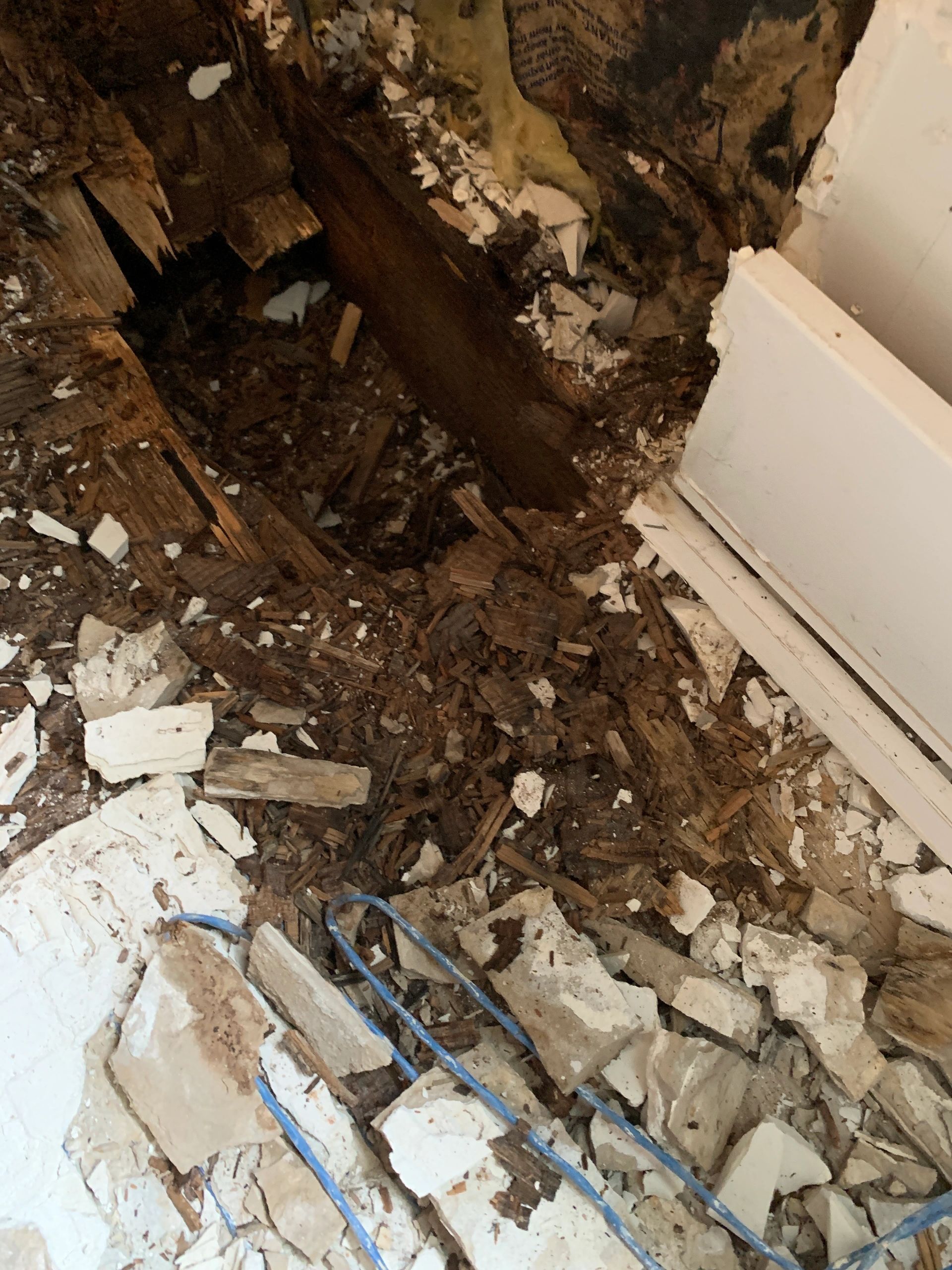 Severe water damage and rotting wood in a corner of a room.