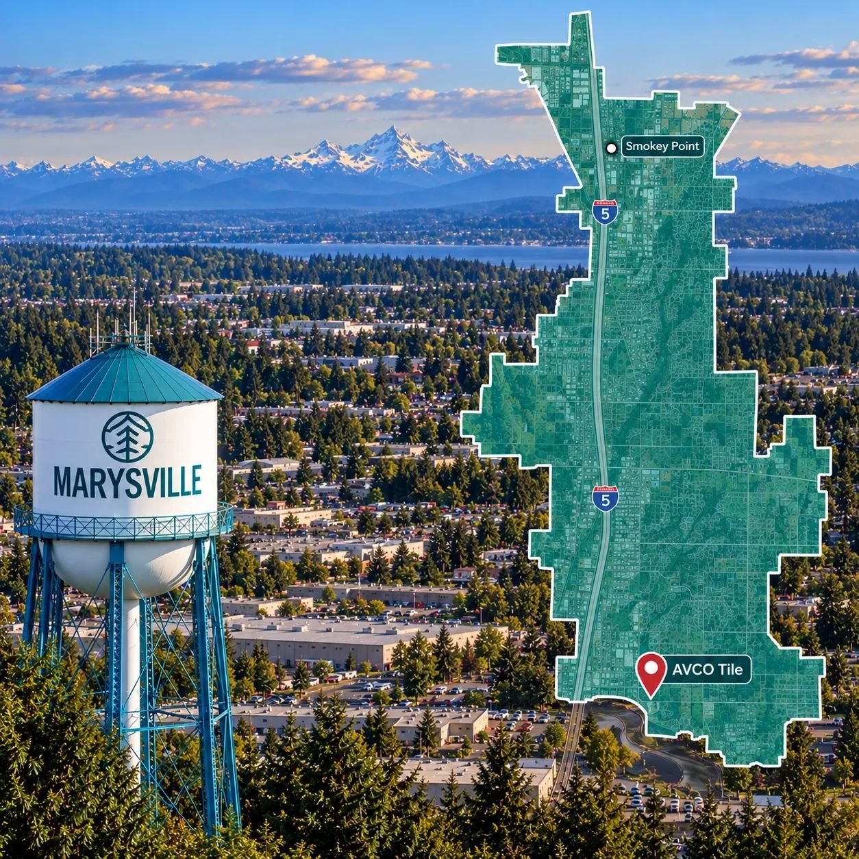 Marysville cityscape with water tower and map overlay.