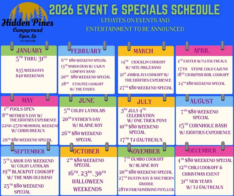 2026 Hidden Pines Campground event schedule with cookoffs, weekend specials, and celebrations.