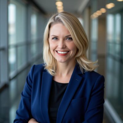 Confident woman in a blue blazer smiling in a modern hallway.