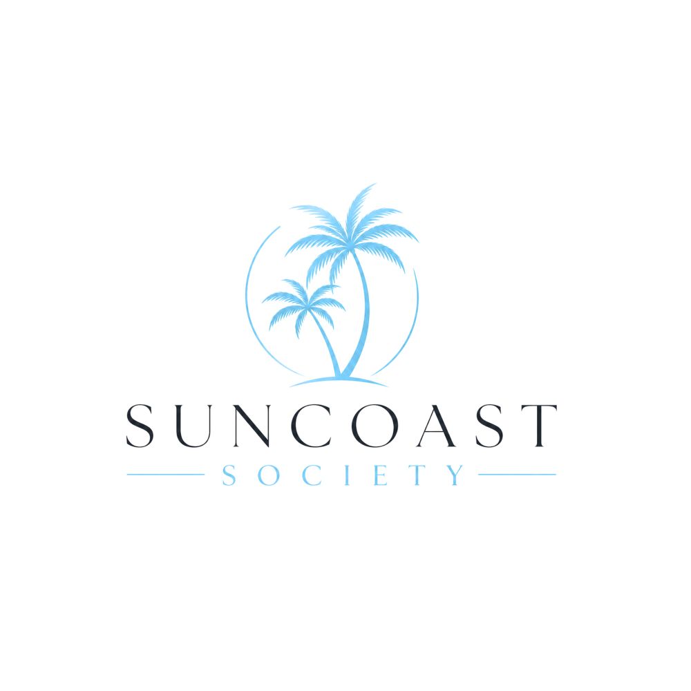 The Suncoast Society real estate logo featuring coastal palm trees and Gulf-blue accents