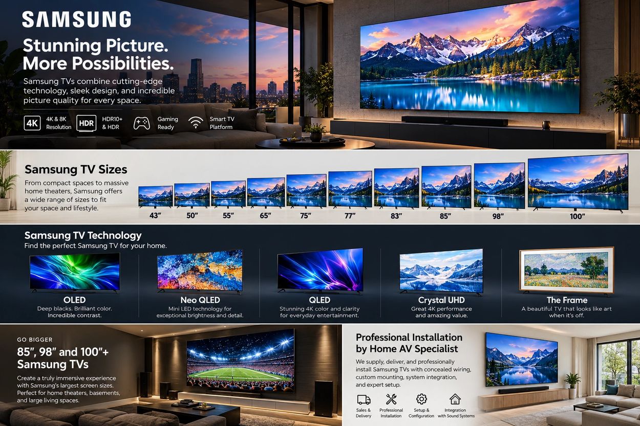 Samsung premium smart TVs professionally installed by Home AV Specialist in Cincinnati, Ohio.