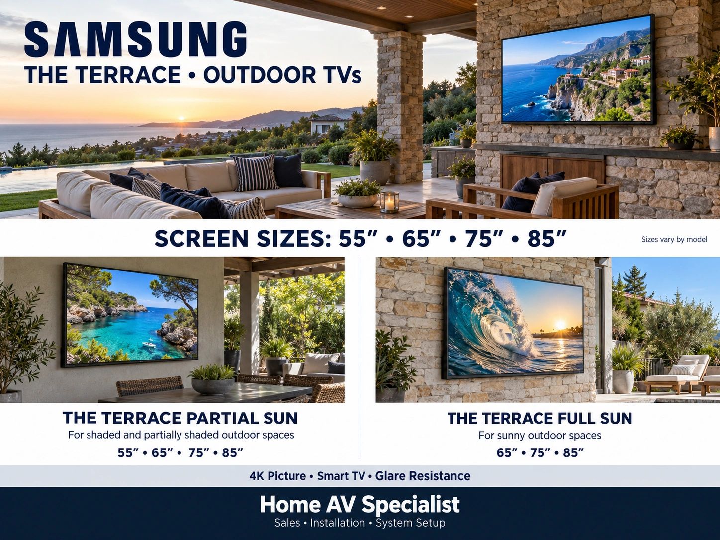 Samsung Terrace outdoor TVs with screen sizes and Full Sun and Partial Sun options.