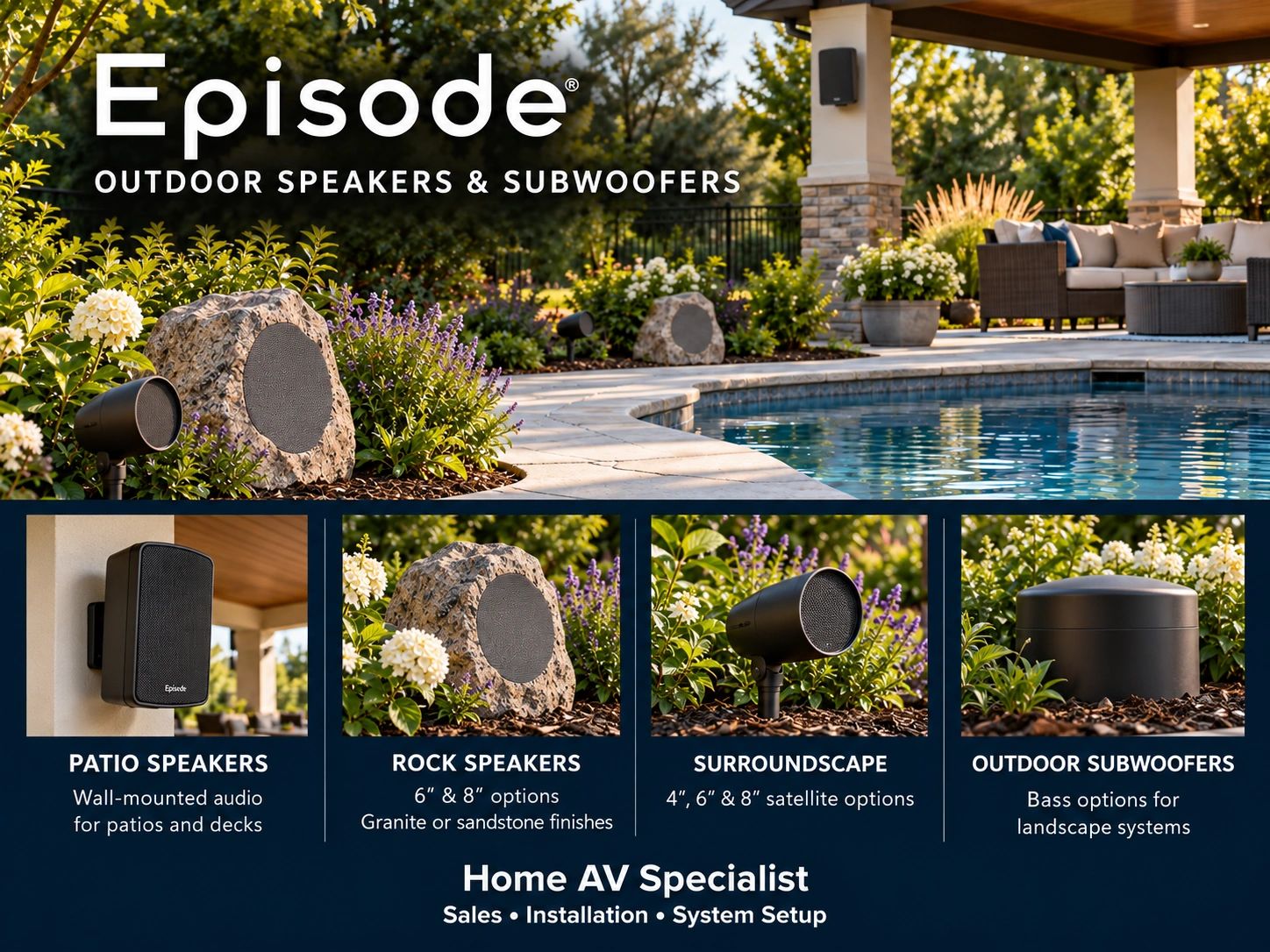 Episode patio, rock, and landscape speakers with outdoor subwoofer options.
