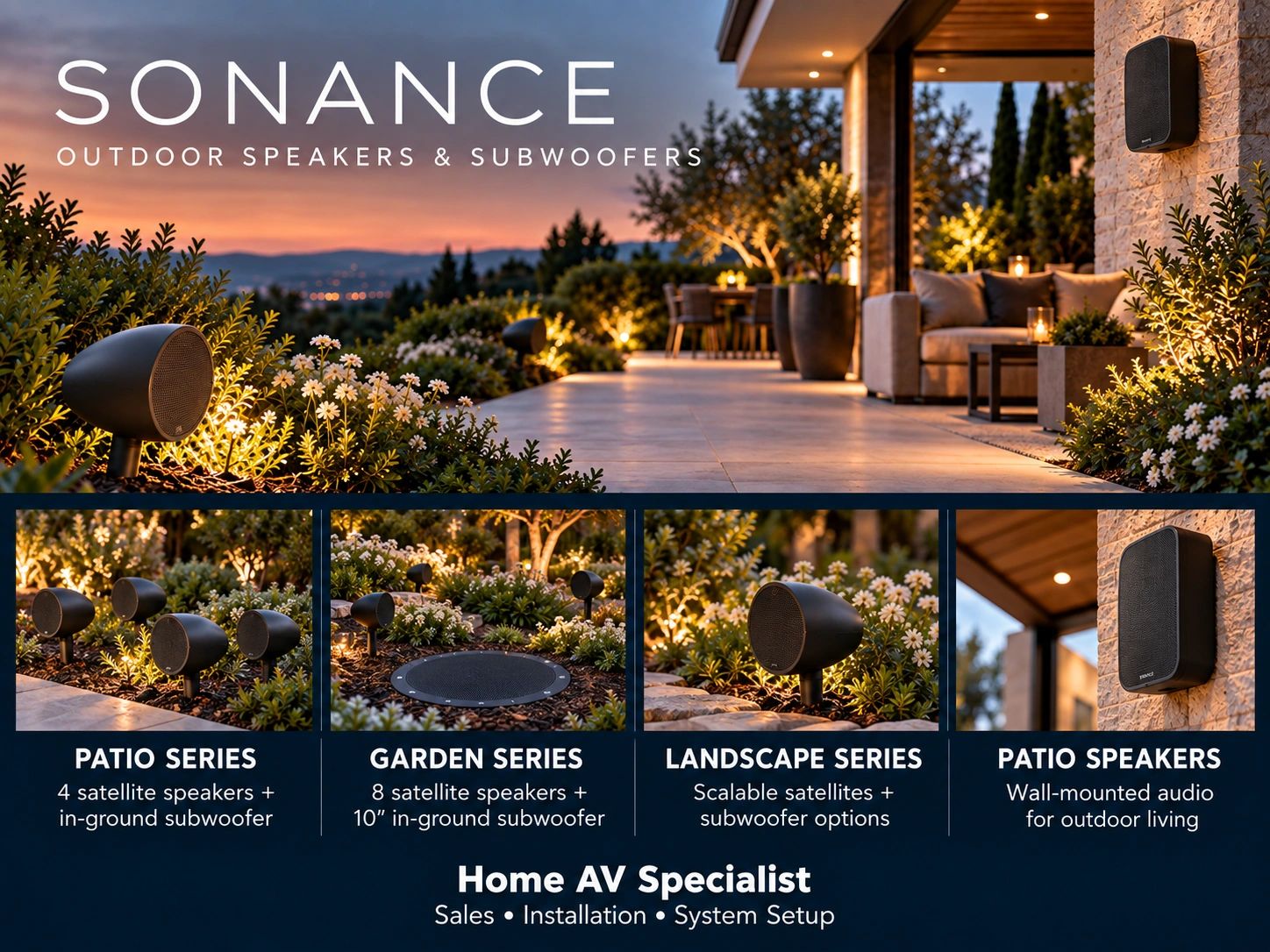 Sonance Patio, Garden, and Landscape audio systems with outdoor speaker options.