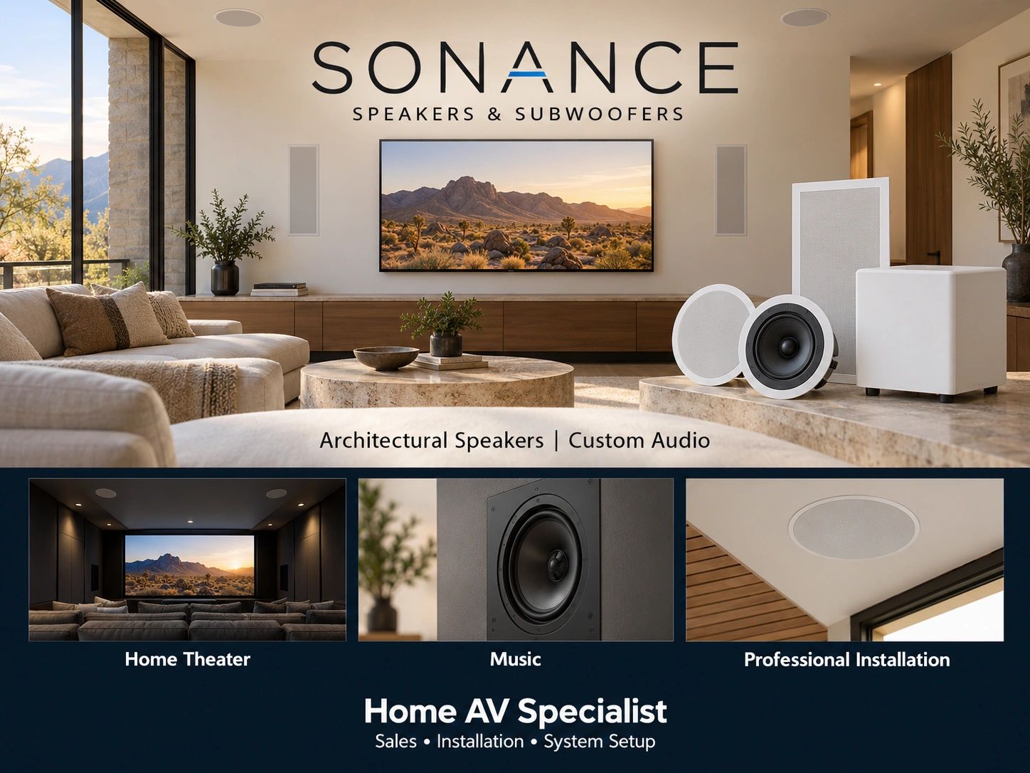 Sonance architectural speakers showcased in a modern living space.