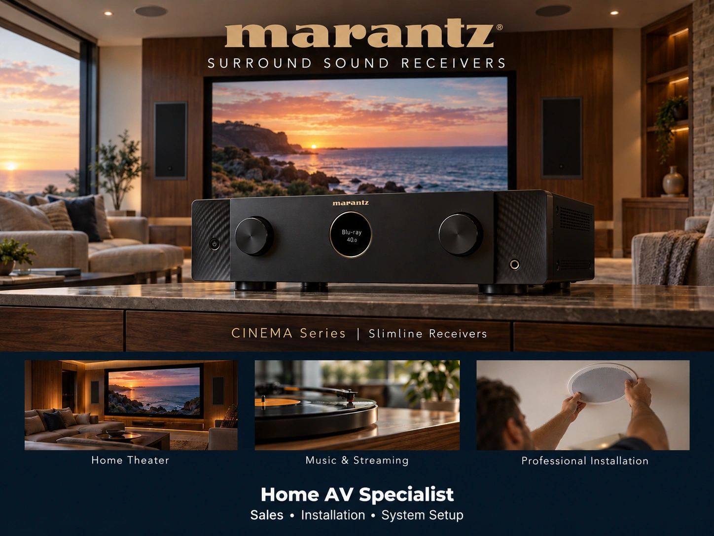 Marantz surround sound receiver showcased in an elegant home theater.