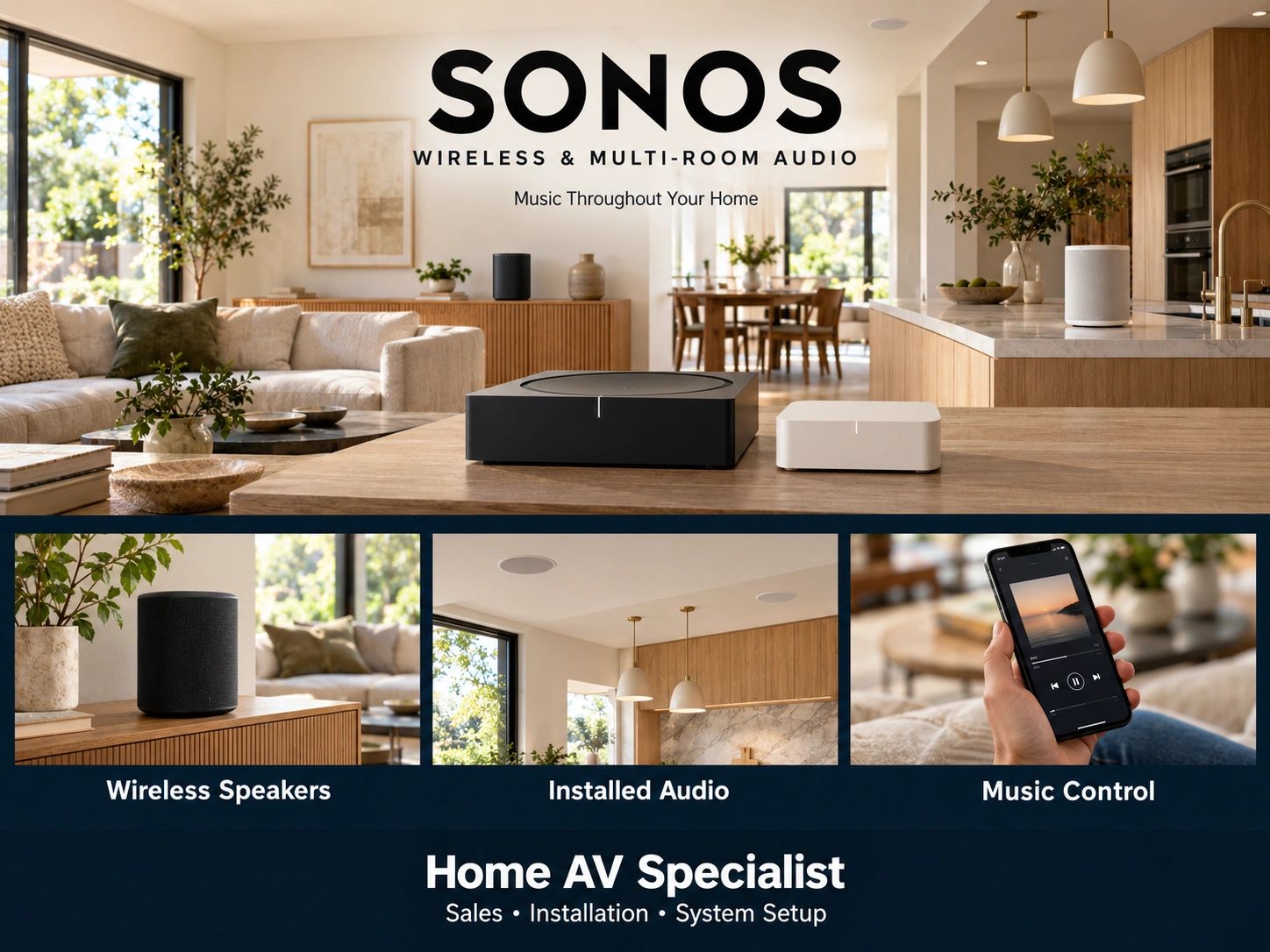 Sonos wireless speakers and audio components showcased in a modern home.