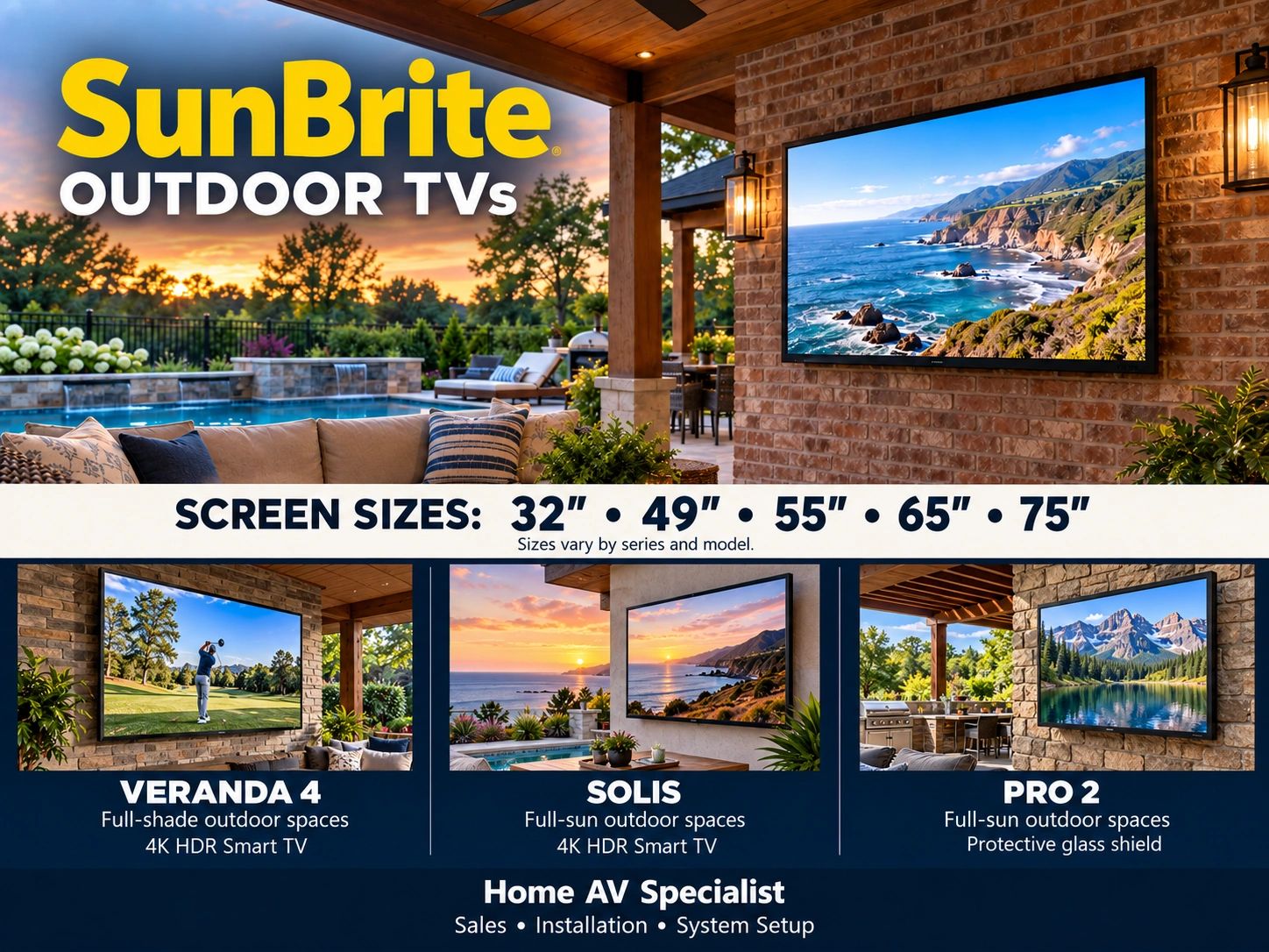 SunBrite outdoor TVs showcasing screen sizes and Veranda, Solis, and Pro series.