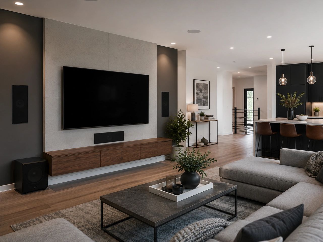 Modern living room with a large TV and minimalist decor.