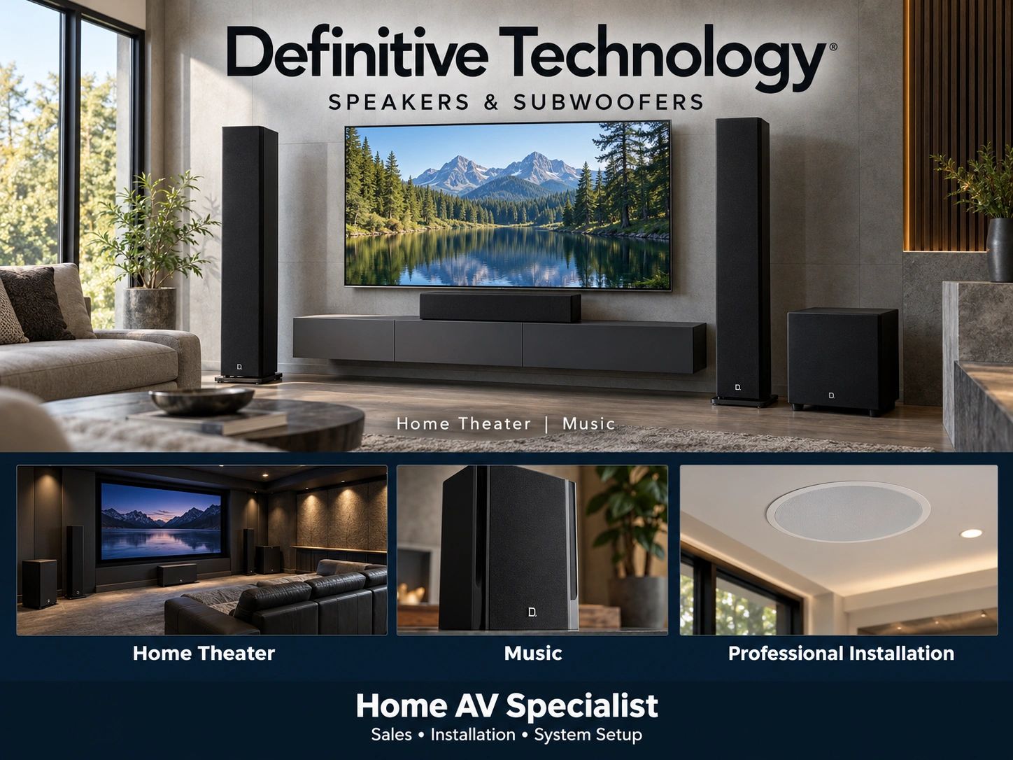 Definitive Technology tower speakers and subwoofer in a modern media room.