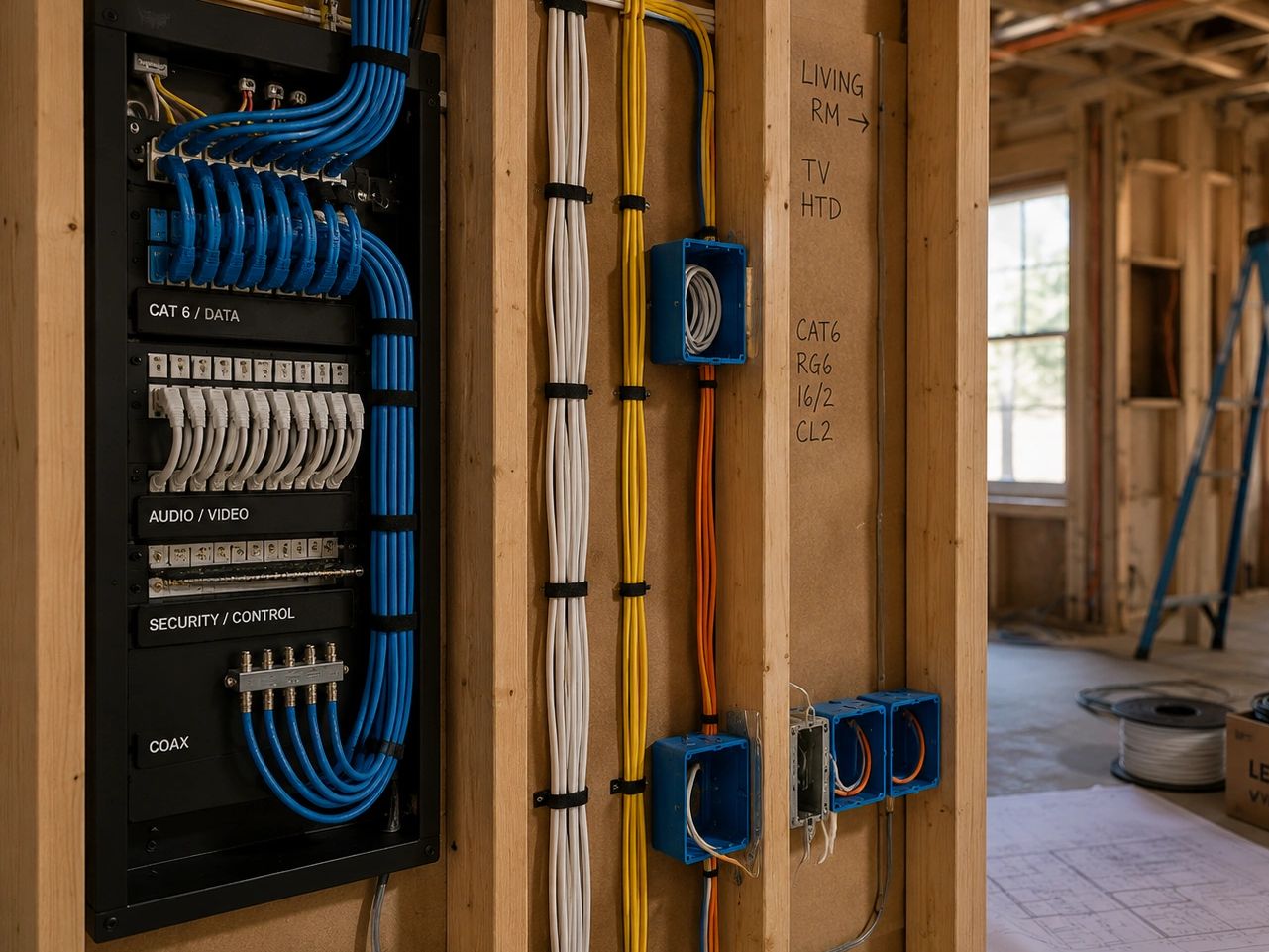 Organized wiring panel during house construction.