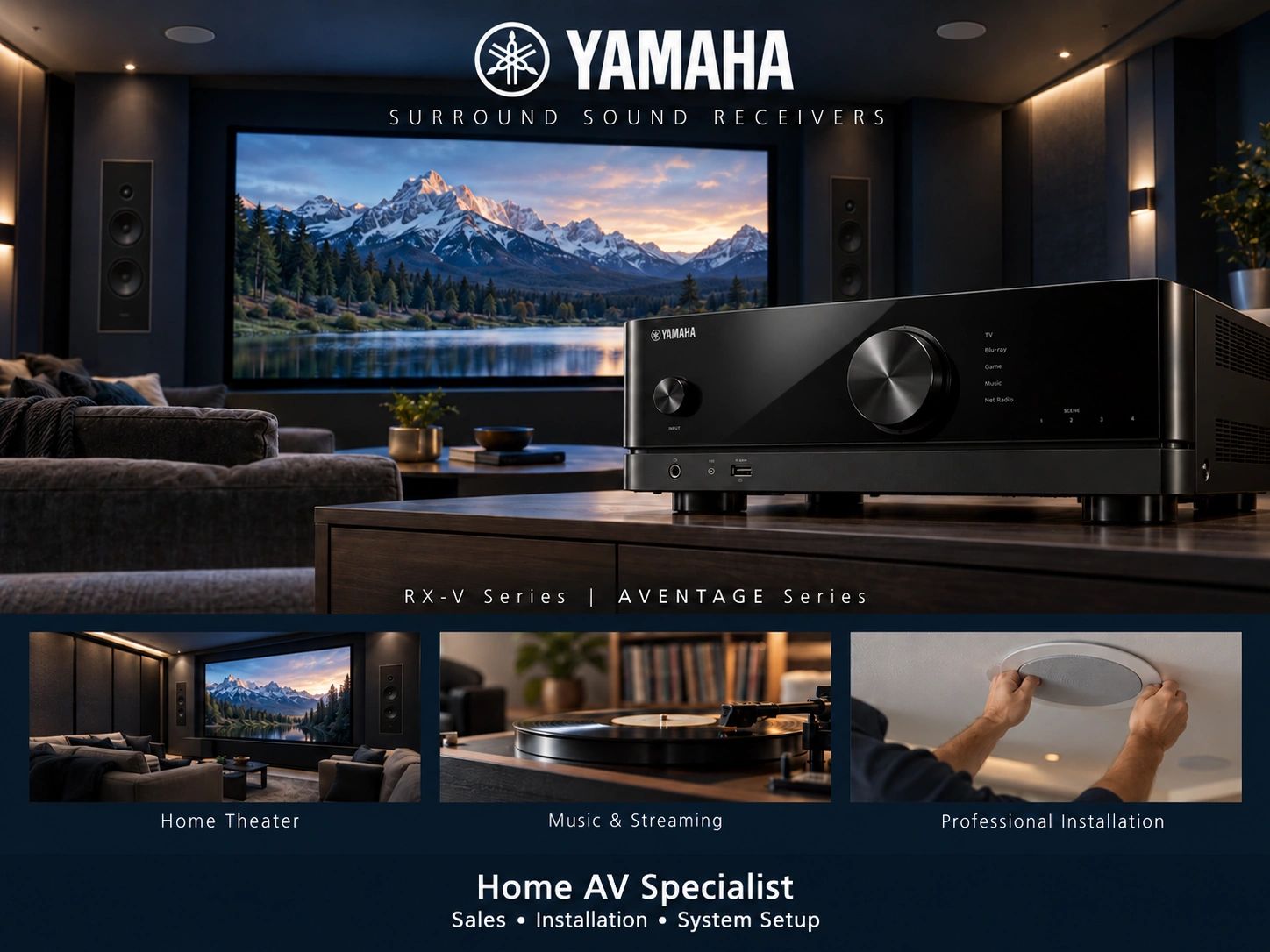 Yamaha surround sound receiver featured in a custom home theater.