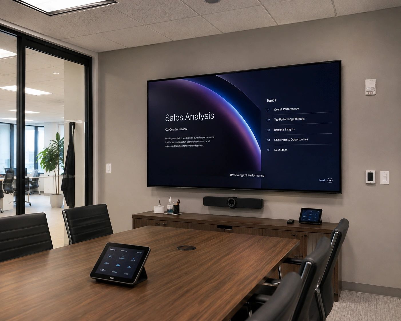 Modern conference room with a sales analysis presentation on a large screen.