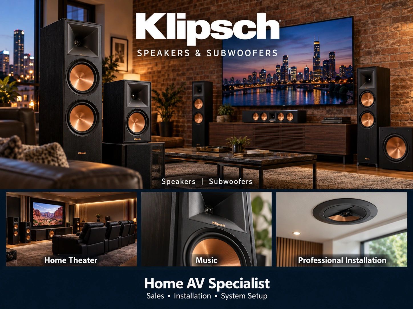 Klipsch speakers and subwoofer displayed in a home theater setting.