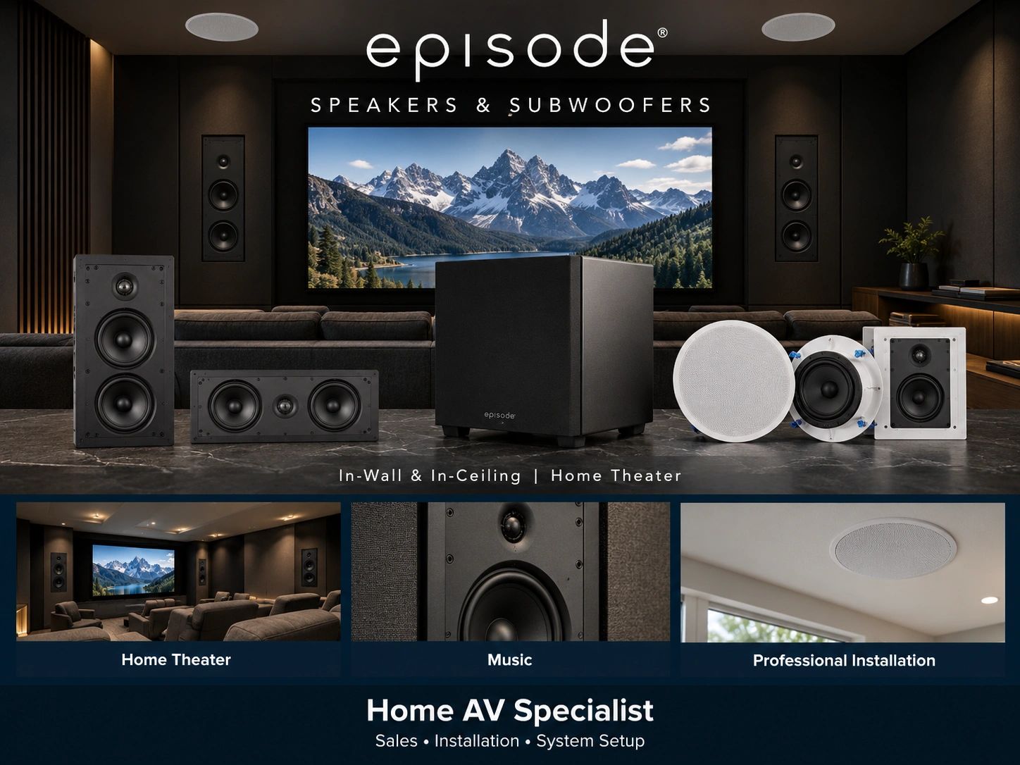 Episode speakers and subwoofer showcased in a custom home theater.