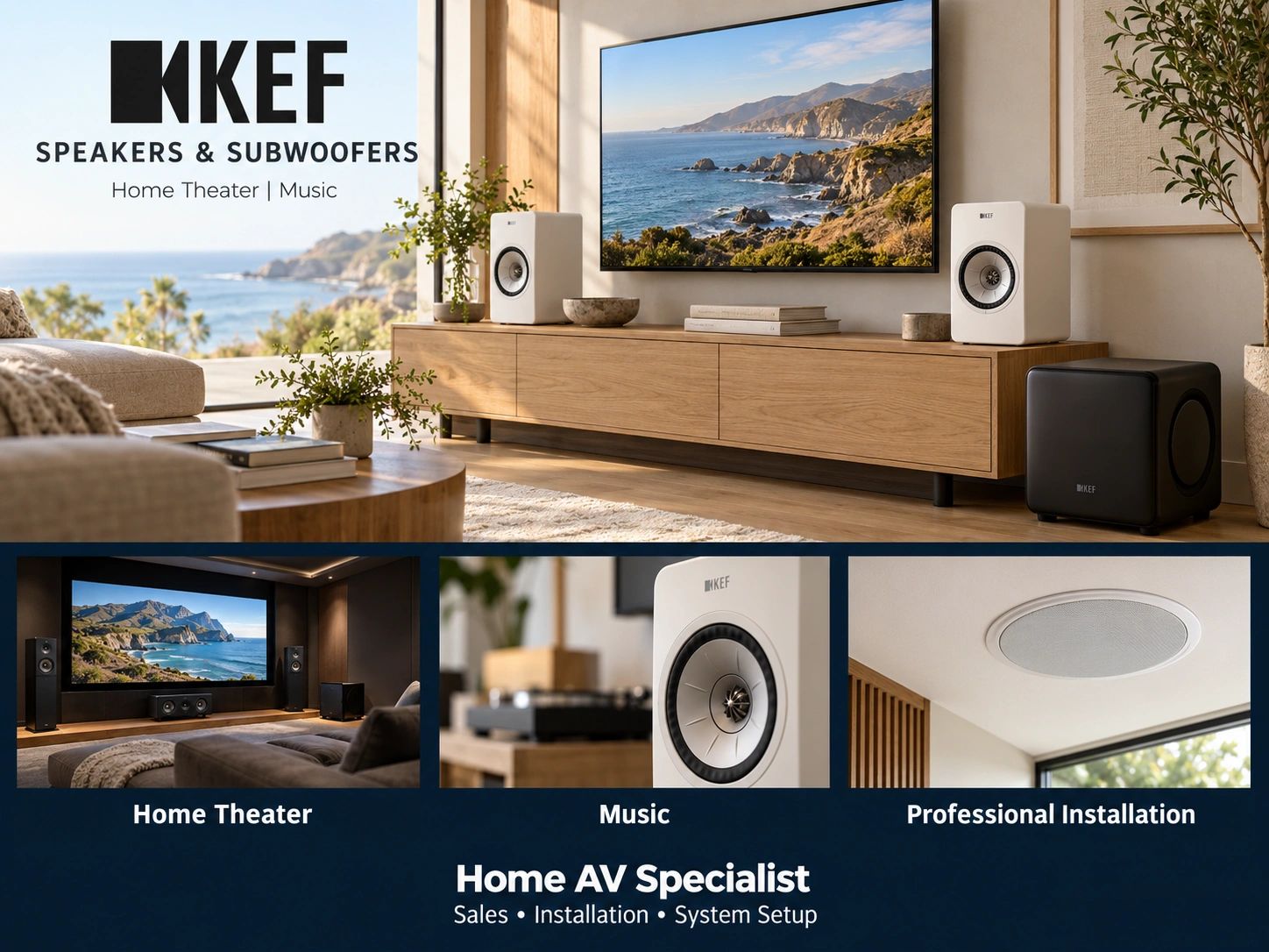 KEF speakers and subwoofer featured in a modern living room.