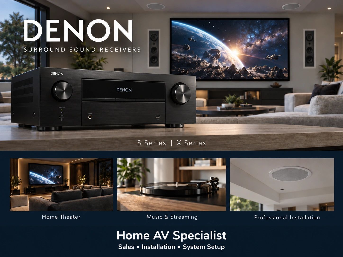 Denon surround sound receiver featured in a modern media room.
