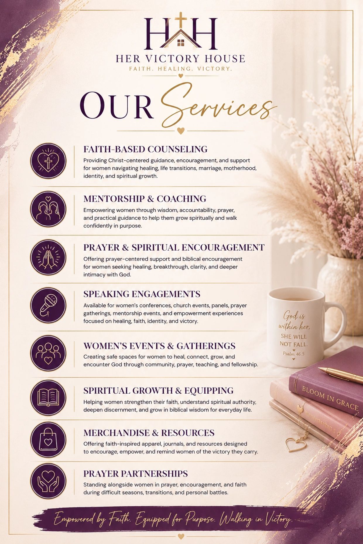 Her Victory House offers faith-based counseling, mentorship, prayer support, events, and resources for women.