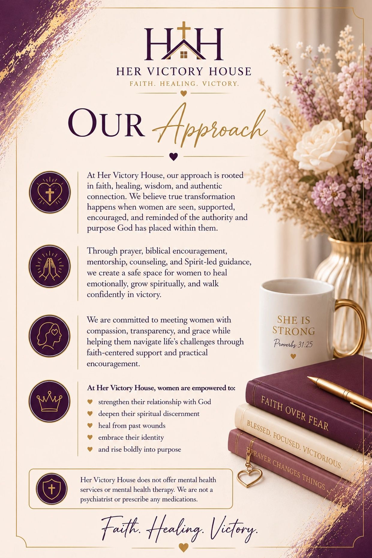 Her Victory House's faith-based approach supports women through healing and spiritual growth.