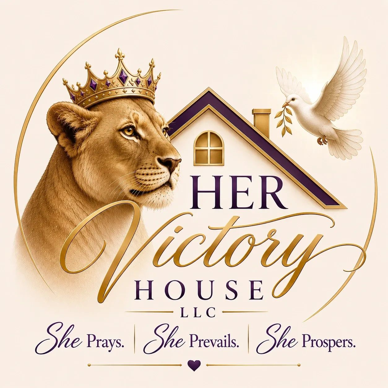 Her Victory House logo featuring a crowned lioness, dove, house, cross, and heart representing faith, strength, hope, and victory in Christ.